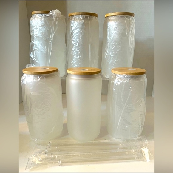 Other - Set of 6 frosted sublimation glass cups with bamboo lids!!!
